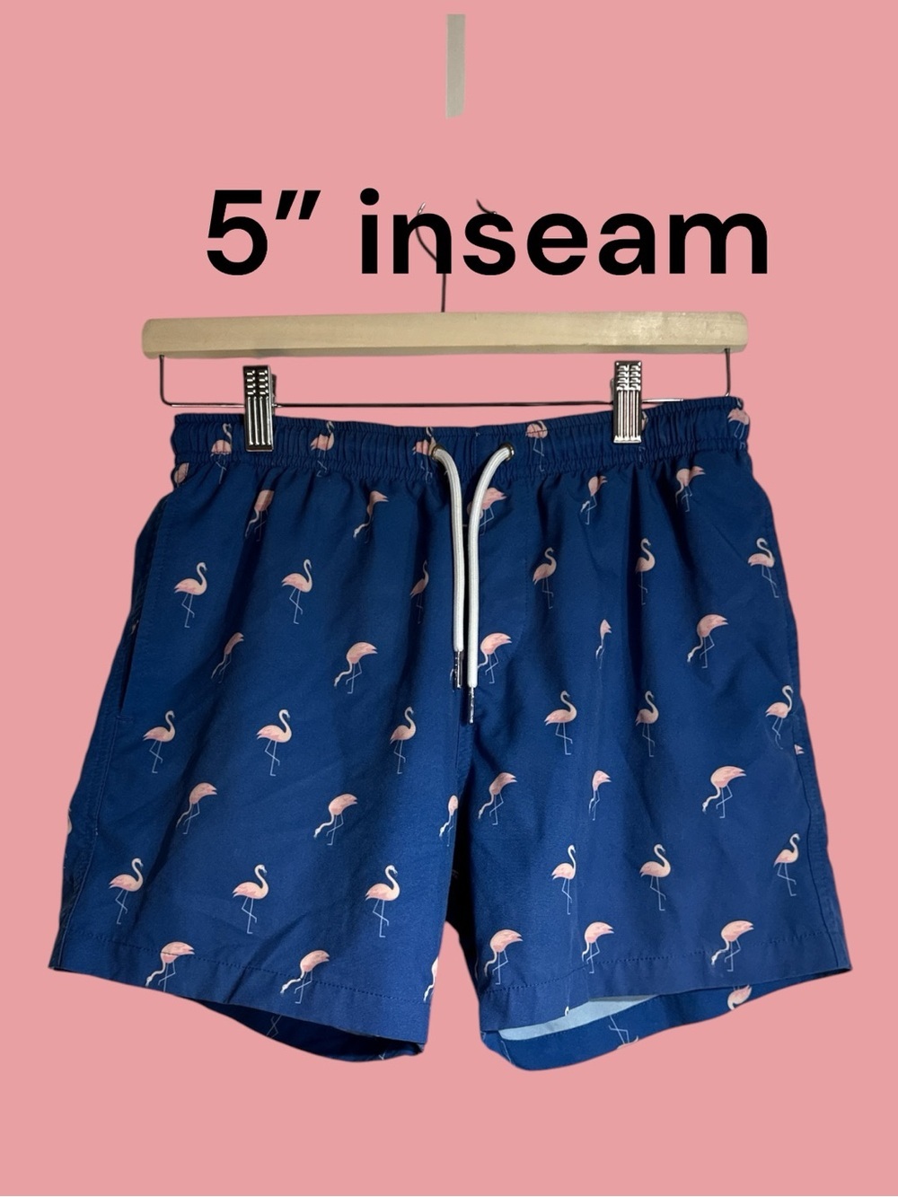 Bermies Men's Blue Pink Flamingo Print Swim Trunks Drawstring Waist Size Small - Picture 2 of 8